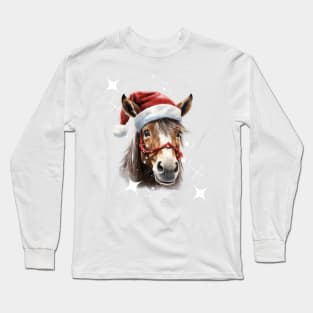 Horse-Santa Hat Christmas Stars Funny Horse Christmas Long Sleeve T-Shirt